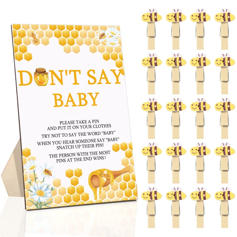 Unittype 51 Pcs Don't Say Baby Shower Game Supplies Include Bee Theme Baby Shower Sign and 50 Mini Bee Clothespins for Boys Girls Gender Reveal Baby Shower Prizes Game - Image 1
